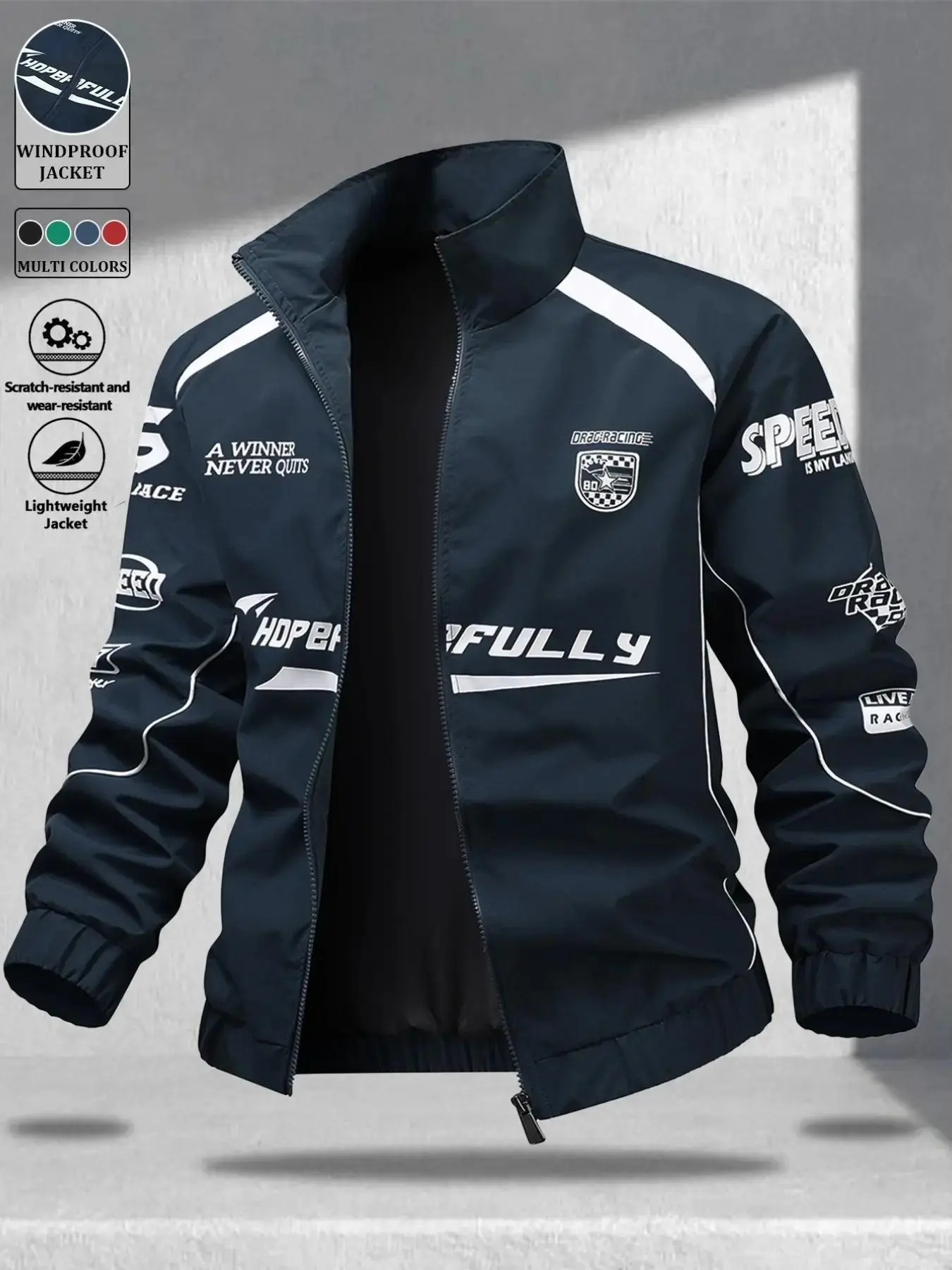 Men's Slim-Fit Stripes Multi-Logo Print Racing Stand Collar Zip-Up Polyester Windbreaker - Lightweight Waterproof Casual Bomber Jacket with Elastic Cuffs, Hem, Machine Washable for Daily Street Outerwear