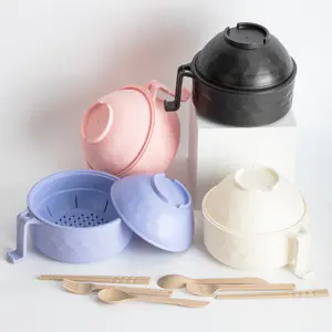 4-piece microwave ramen bowl set ramen bowl with handle with spoon chopsticks fork picnic (beige black pink purple) tableware Microwave Noodle Bowl Set with Cutlery