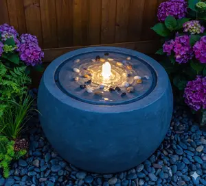 Tankana Garden Water Fountain Outdoor Large Round Bubbler Water Feature Indoor with Lights & Pump and Pebbles Concrete Effect for Patio Pool Pond Yard Home Decor Gray, 25 "L X 25" W X 17.5" H