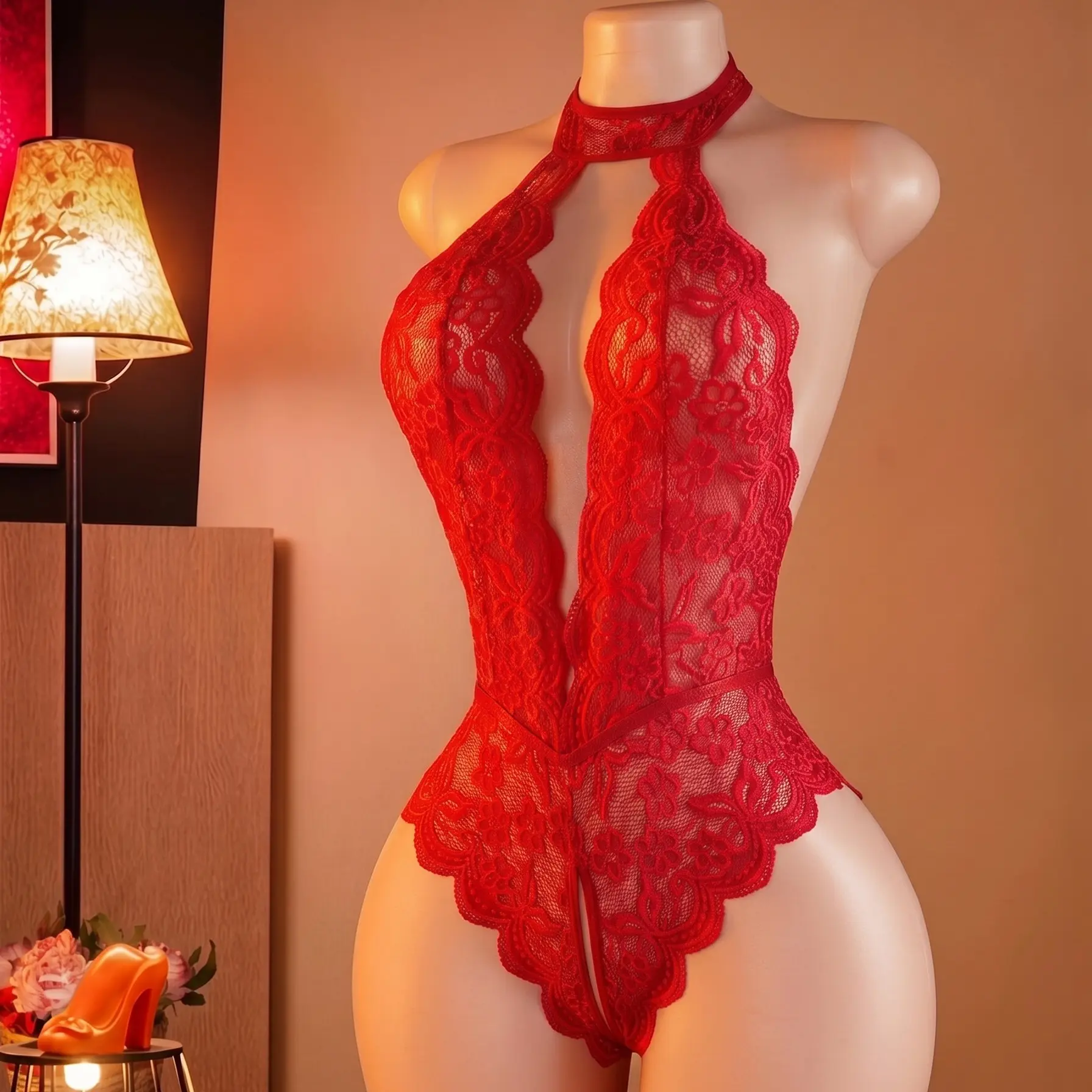 Women Halter Floral Lace Teddy Bodysuit, Front Cutout Semi Sheer One Piece Lingerie, Stretchy Knit Sleepwear
