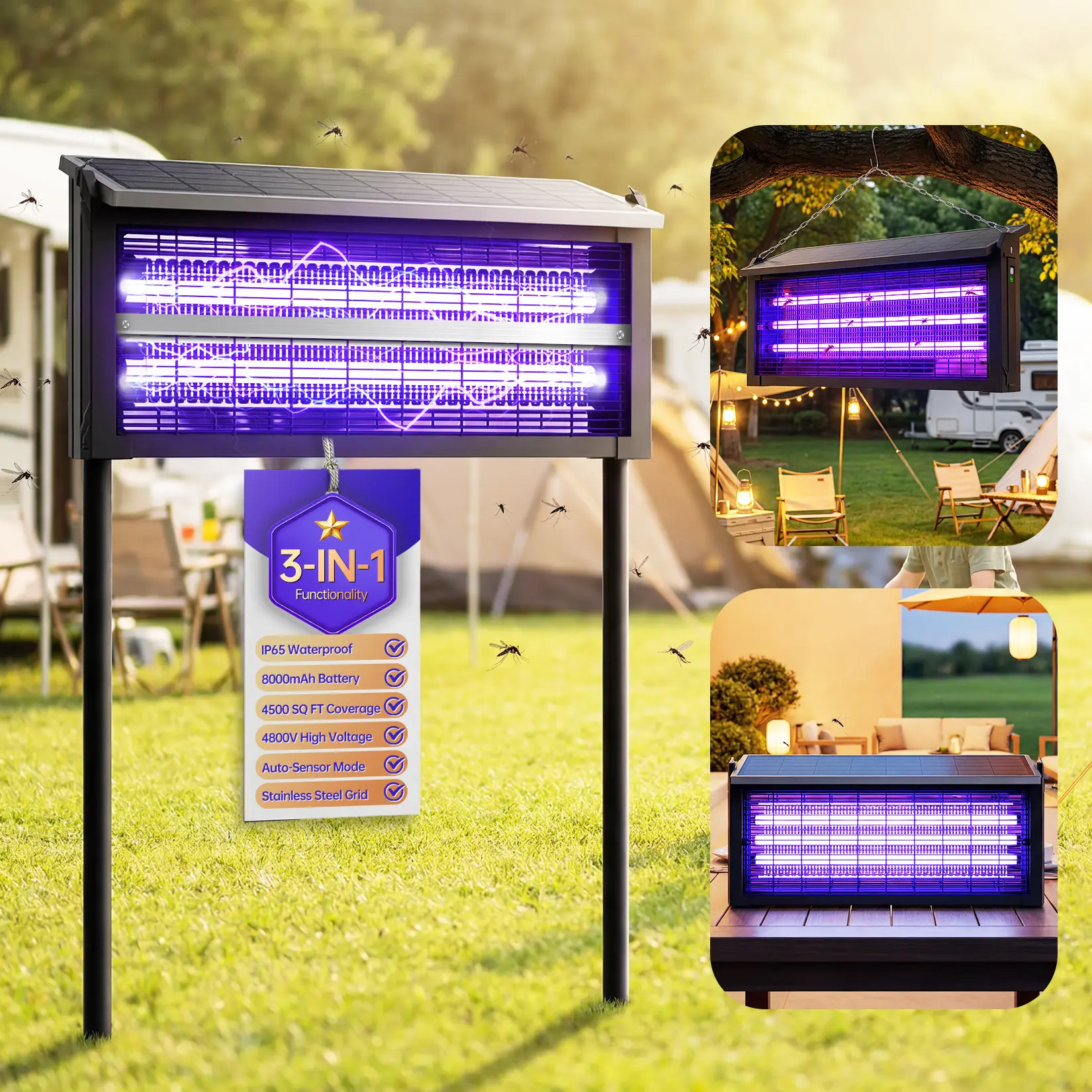 2026 Upgraded Solar Bug Zapper Outdoor & Indoor, 4500V High Voltage Mosquito Fly Trap with 4000mAh Battery, 4500 Sq.Ft Coverage, 3‑in‑1 Waterproof Electric Insect Zapper with 10FT Extension Cord, Electronic Mosquito Killers