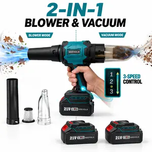SEEVOLX 21V Max Cordless Blower & Vacuum Kit with Dual Batteries 3-Speed Control 2 Nozzles HEPA Filter for Yard Car Home Cleaning