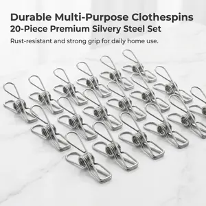 20-Pack Stainless Steel Clothespins, Heavy-Duty Rustproof Metal Clips with Tight Grip, Multi-Purpose Clothespins for Hanging Laundry, Photos, Socks, and Daily Household Organization