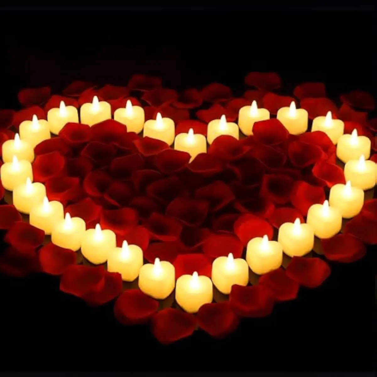 1000+ Items Artificial Rose Petals & 24 Flameless Heart-Shape LED Tealight Candles Set - 2x2 In Yellow Decor, Romantic Candlelight for Adults' Indoor Wedding Proposal Table Centerpiece