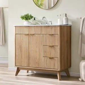 Modern bathroom vanity with sink included - open wood cabinet with 3 drawers & 2 storage cubbies; ceramic top with metal pulls