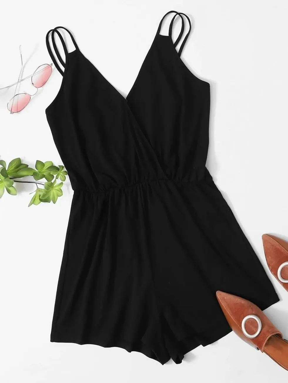 Surplice Neck Double Strap Romper, Solid Cami One-Piece Playsuit for Summer Casual