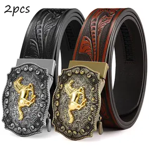 【2pcs】Automatic Ratchet Western Belt for Men | Cowboy Belts with Western Buckle | Perfect for Jeans, Business Wear | Ideal Christmas & Gift Choice brown option