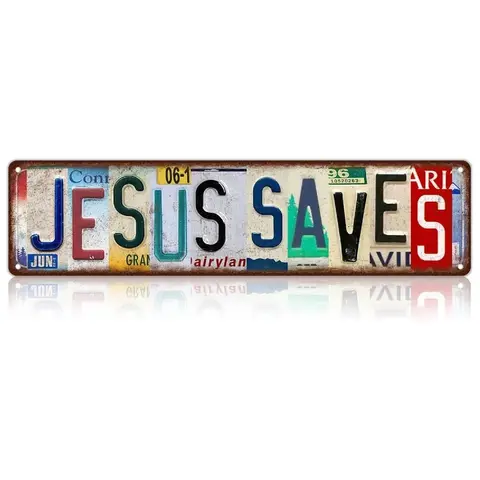 1-Piece Vintage "Jesus Saves" Metal Tin Sign, Decorative Wall Art Plaque, 16 x 4 Inches, Ideal for Prayer Room, Home & Outdoor Wall Decor, Metal Signs