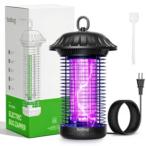 Outdoor Bug Zapper Buzbug Plug-in Mosquito Killer with Dual-Wavelength LED 0.01s Instant High-Voltage Shock Covers 2100 sq ft Indoors 6.56ft Cord Durable Carbon Steel Grid LED Lasts 50000 Hours Replaceable Bulbs Removable Tray with Cleaning Brush