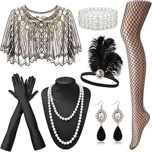 1920S Flapper Set with Gloves Earrings Necklace Headband Bracelet Stockings for Vintage Wedding Costume Accessories for Halloween Party and Stage Performances