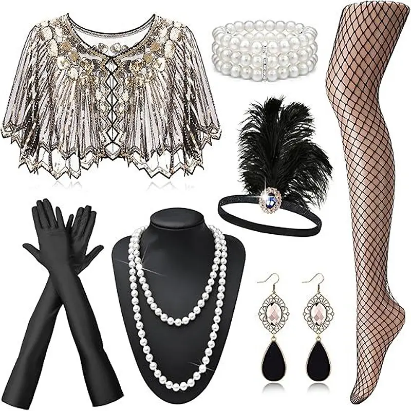 Shiny Retro 1920s Flapper Accessory Set - Fits Vintage Outfits, Includes Gloves, Earrings, Necklace, Headband, Bracelet, Stockings - Comfortable for Wedding Costumes, Halloween Parties