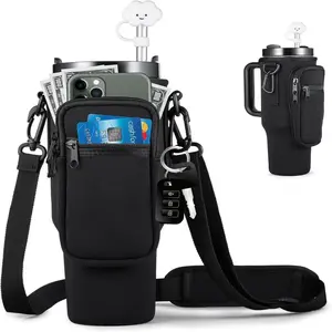 Adjustable Shoulder Strap Water Bottle Carrier Bag with Phone Pocket, Outdoor Hiking Camping Accessory, One-Piece Roll-Up Cup Holder, Drink Carrier In Cup Holders