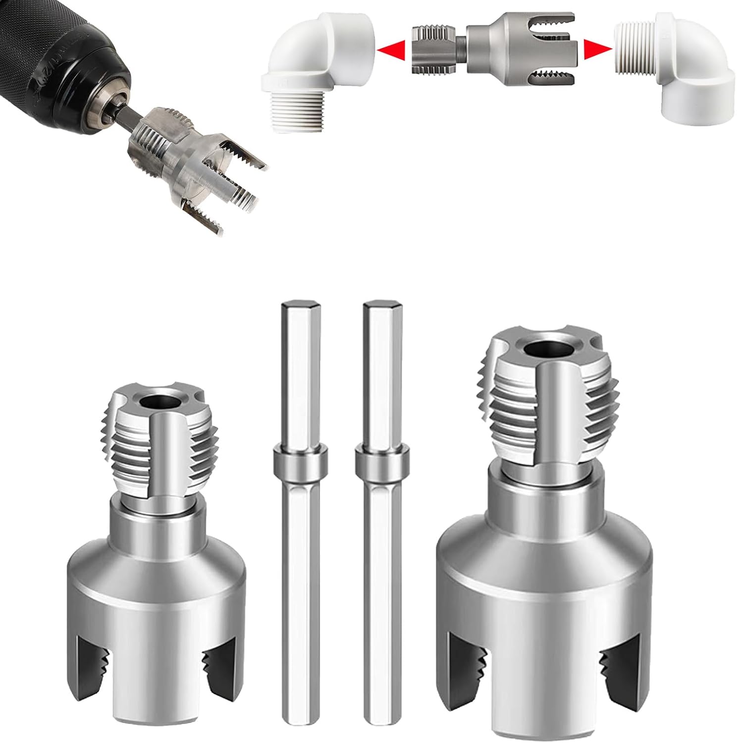 VAYWET 1/2'' 3/4'' PVC Pipe Thread Cutting Tool Integrated Internal & External Pipe Threading Tool Upgrade Pipe Thread Cutting Tool for Plumbing DIY Plastic Pipe Rethreading Tool,Pipe Threader Cutting Maker Tool for Electric Drill