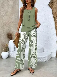 Women's fresh square-neck sleeveless new set for 2025. With double-layer fabric, it shows a high-quality texture. This trouser set is exquisitely designed and can be matched casually, Casual Matching Set