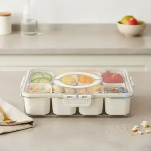 1 pack Air-Tight Snackle Box Container –Divided Serving Tray with Lid & Handle–Clear Snack box for Fruits, Candy & Nuts–Portable for Travel & Daily Use 8 Inside Containers