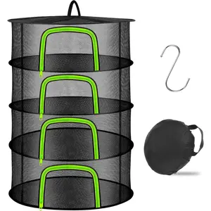 4 Layer Herb Drying Rack Hanging Mesh Plant Dry Net Basket for Herbs Plants Flower Vegetables Spices Fish Food with Green Zippers