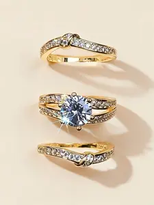 3pcs Luxury Ring Set | Couple Round Synthetic Zirconia Set Ring | European and American Fashion Engagement Rings Wedding Jewelry for Women Stacking Rings