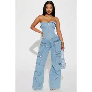 Ciara Denim Pant Set - Light Wash