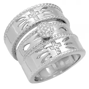 Dazzlingrock Collection Round White Diamond Cross Rope Edge Wedding Trio Ring Set for Women & Men (0.20 ctw) in 925 Sterling Silver, W-8 and M-10