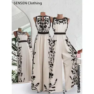 Women's printed waistband workwear jumpsuit, leaf printed jumpsuit, elegant and fashionable casual jumpsuit, suitable for daily outdoor wear, summer women's jumpsuitRAIMENTRY