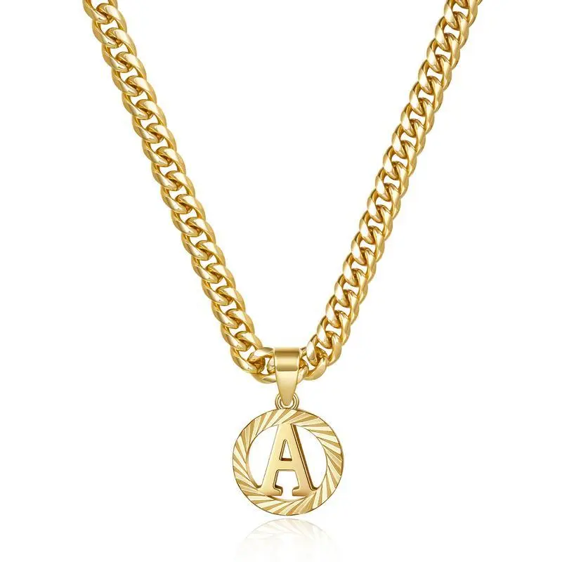 14K Gold Plated Initial Cuban Link Necklace | Round Hollow Letter Pendant | A-Z Alphabet Jewelry, Fashion Alphabet Pendant, Initial Necklaces