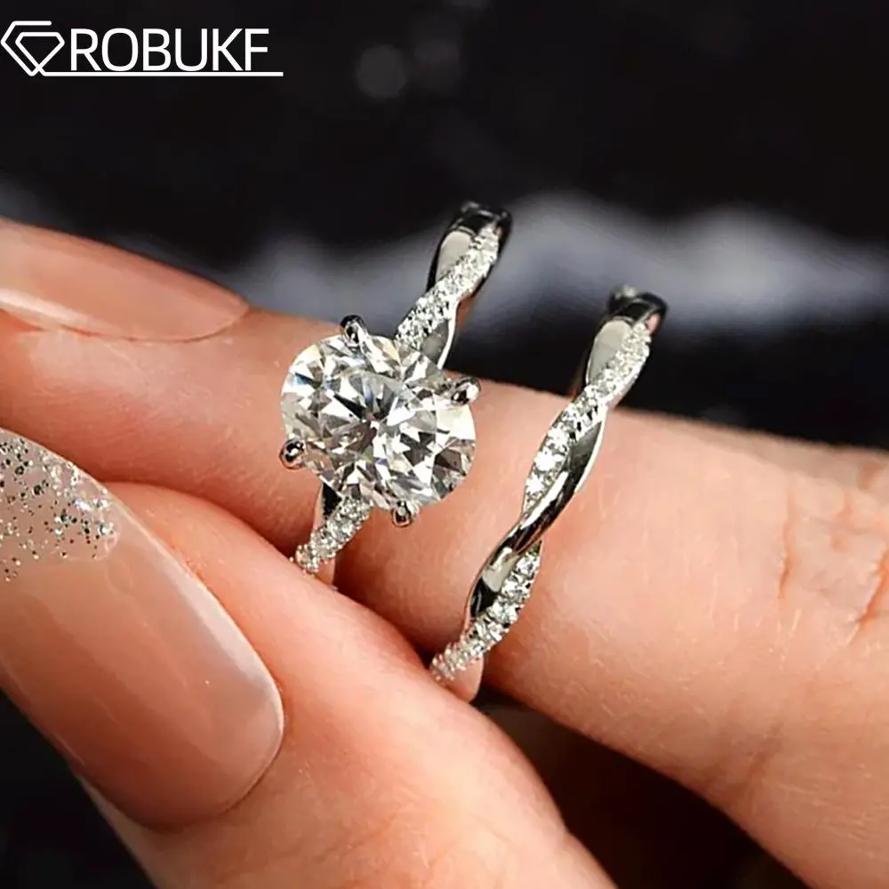 2CT Moissanite Engagement Ring Set For Women Oval Cut Twisted Infinity Eternity Wedding Band 925 Sterling Silver Bridal Jewelry