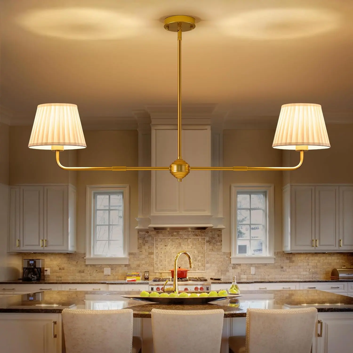 Karjear Gold Linear Chandelier - 43.3in Contemporary Double Adjustable Kitchen Island Light with White Fabric Shade, 60W AC Power Indoor Lighting for Dining Room, Living Room, Chandeliers
