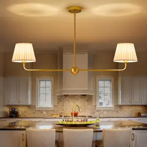 Karjear Gold Linear Chandelier, 43.3" Modern Double Kitchen Island Light with White Fabric Shade for Dining Room Restaurant Living Room