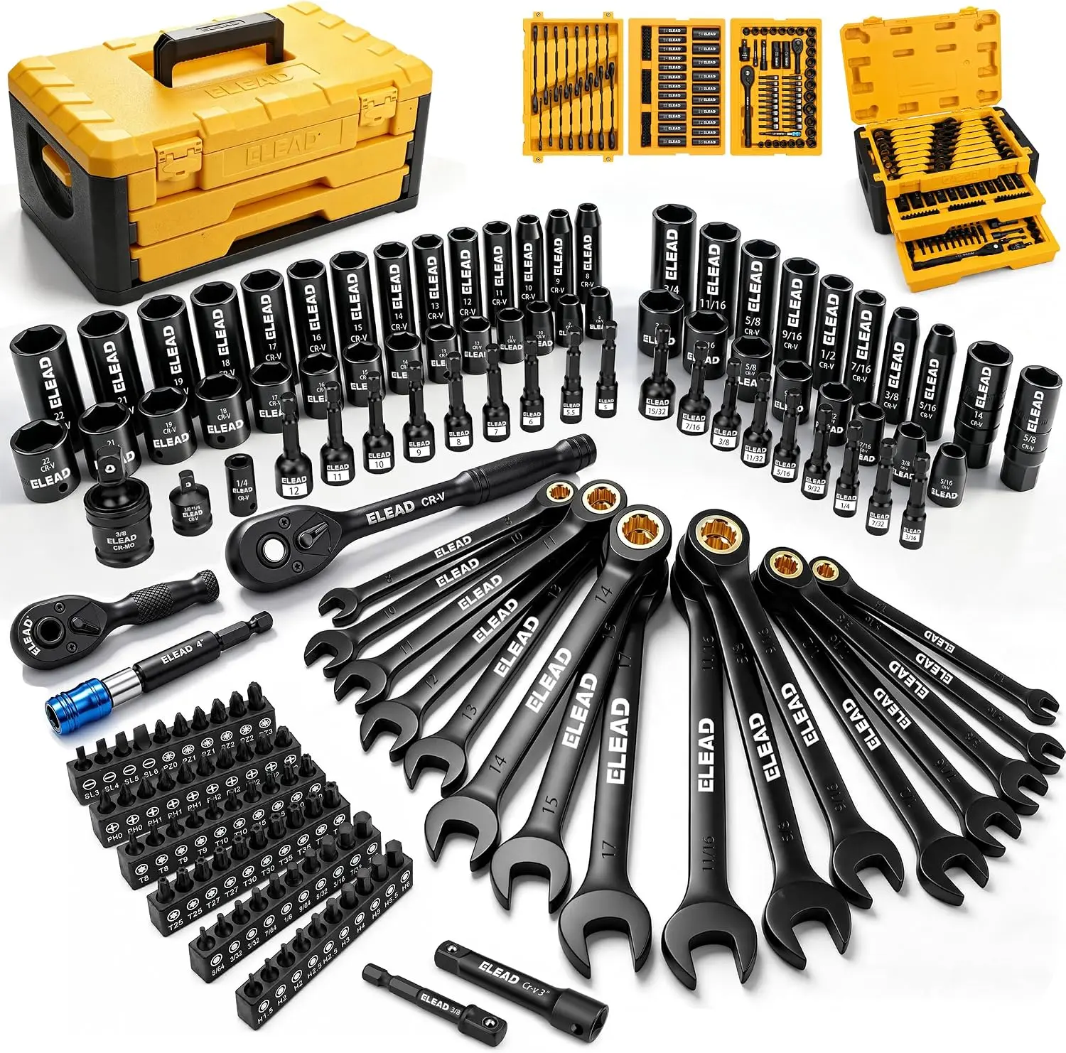 ELEAD 148-Piece Metal Mechanic Tools and Gadgets Full Set - 1/4"-&3/8"-Drive SAE/Metric Inches Sockets, Magnetic Tip Nut Drivers, Ratcheting Wrenches, Extensions, Adapters, Quick-Release Ratchet for Car Repair