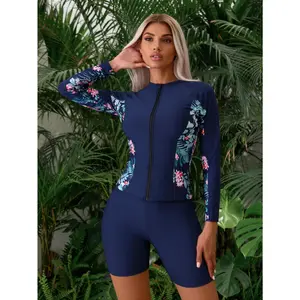 Navy Blue Floral Print Two Piece Rash Guard | Long Sleeve Zip Up Swim Top with Women Shorts Bottoms