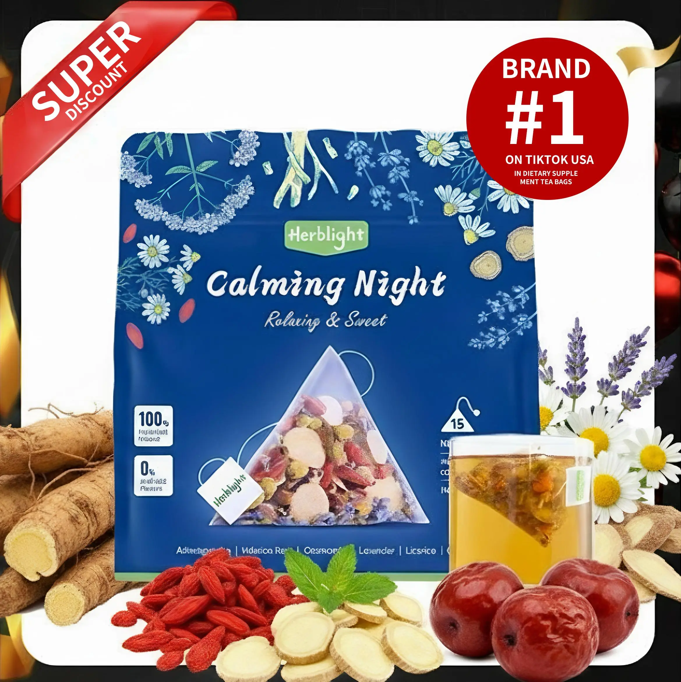 Herblight Calming Night Herbal Tea Sleep Support & Stress Relief| Ashwagandha, Chamomile, Lavender & Licoricel - No Flavors - Caffeine Free- 2.6oz (75g)
