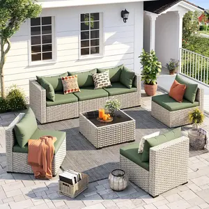 Amopatio Greenish Spring 7-Piece Patio Furniture Set, Outdoor Rattan Wicker Sectional Sofa for Garden & Backyard, Comfy Conversation Set with Tea Table