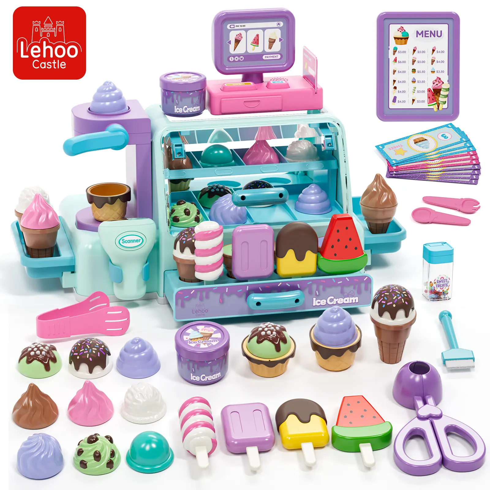 Lehoo Castle 45 pcs Ice Cream Toys, Ice Cream Counter Playset with Sound and Light, Pretend Play Toy, Complete ice cream stand, Gift for Boys and Girls age3+ Play Kitchen Accessories
