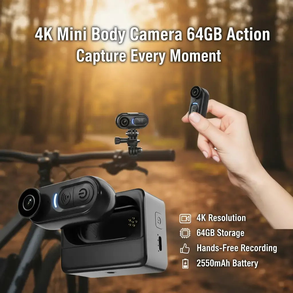 4K Mini Body Camera 64GB, Thumb Size Action Cam, Wearable Sports DV, Hands-Free POV Recording, Helmet Mount, Magnetic Sport DV for Bike Cycling, Vlogging Pet Walk, 2500mAh Battery, Auto Loop Recording daily life Clip Charging