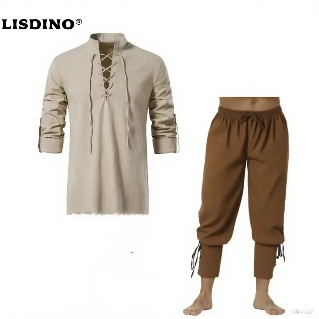 2Pcs Retro Vintage Medieval Renaissance Cosplay Costume Outfits Pirate Viking Halloween Casual Daily LARP Ren Faire Shirt Pants