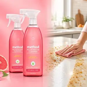 Method 28 oz Pink Grapefruit All-Purpose Natural Surface Cleaner, plant-based spray, cuts grease, grime, pink grapefruit scent, counters, tile, stone, marble, metal, sealed wood, glass, kitchen, bathroom, non-porous surfaces, cruelty free, recycled bottle