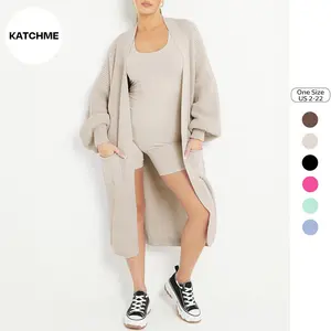 KatchMe Longline Balloon Sleeve Cardigan (Fits US 2-22),Trendy Knitwear,Plain Open-Front Side Pockets Cardigan,Clothes Length 43.5"
