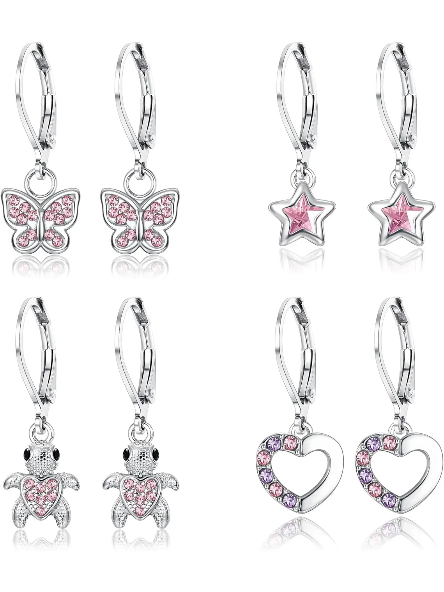 4 Pairs Dangle Earrings for Girl Women Hypoallergenic Stainless Steel Trendy Jewelry Cute Earrings Set Rainbow Star Heart Flower Butterfly Multicolored Zirconia Leverback Hoop Dangle Earrings for Kids