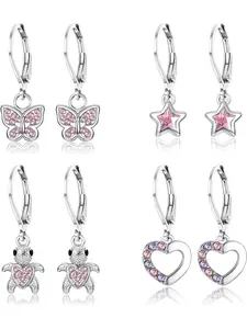 4 Pairs Dangle Earrings for Girl Women Hypoallergenic Stainless Steel Cute Earrings Set Rainbow Star Heart Flower Butterfly Multicolored Zirconia Leverback Hoop Dangle Earrings for Kids