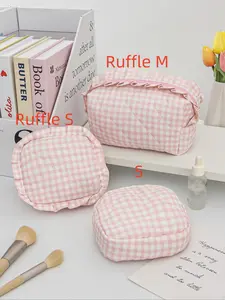 Gingham Pattern Makeup Bag, 1 Count Portable Toiletry Bag/ Cosmetic Travel Bags/ Cosmetic Brushes Storage Bag, Large Capacity Fluffy Cosmetic Bag for Women, Makeup Holder, Makeup Organizer Pouch, Cosmetics Organizer, Valentine's Day, Gift