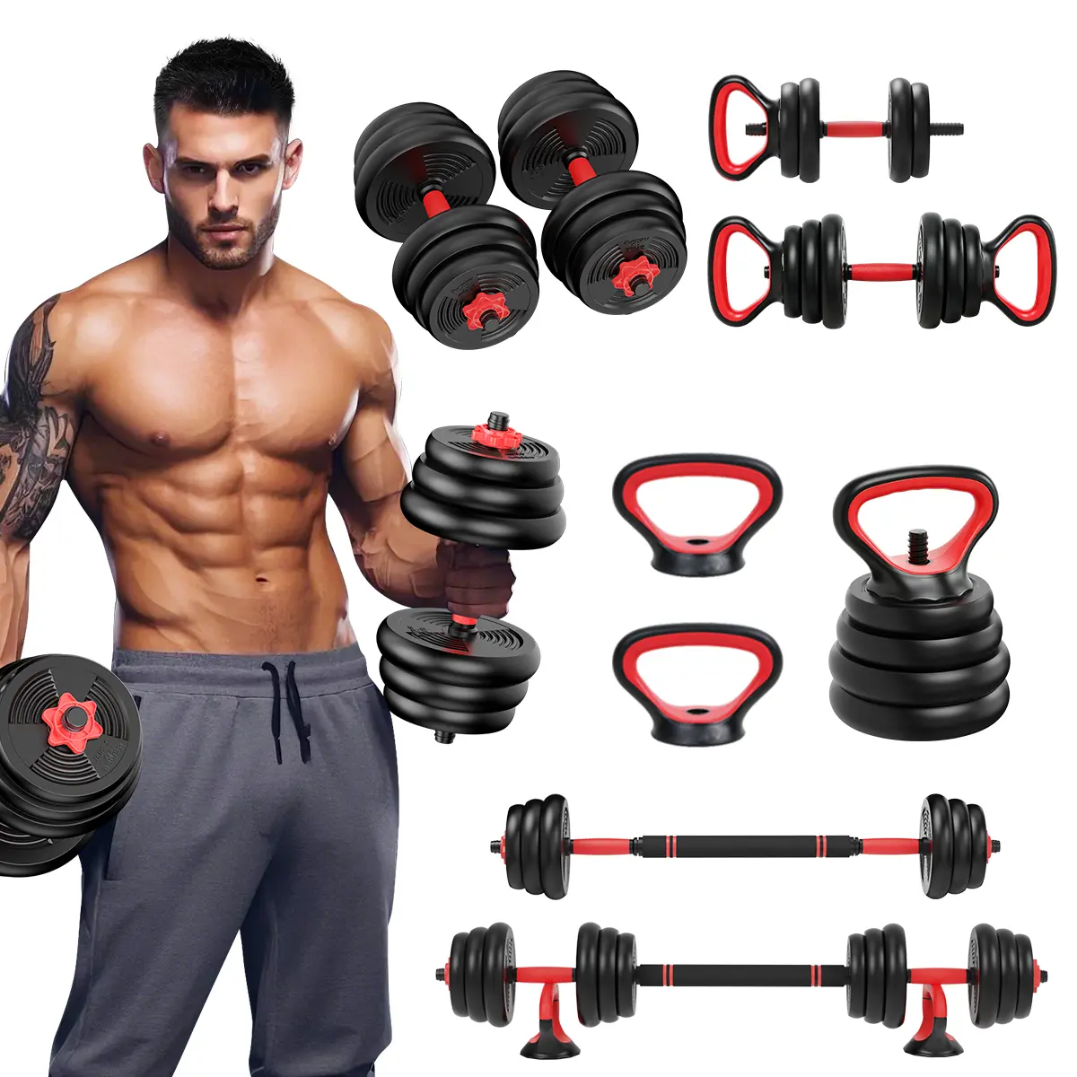 RELIFESPORTS 6-in-1 Adjustable Dumbbell Set | Squat Bar & Tire Flipper Included | Free Weights for Men & Women | Space-Saving Multifunctional Home Gym Equipment