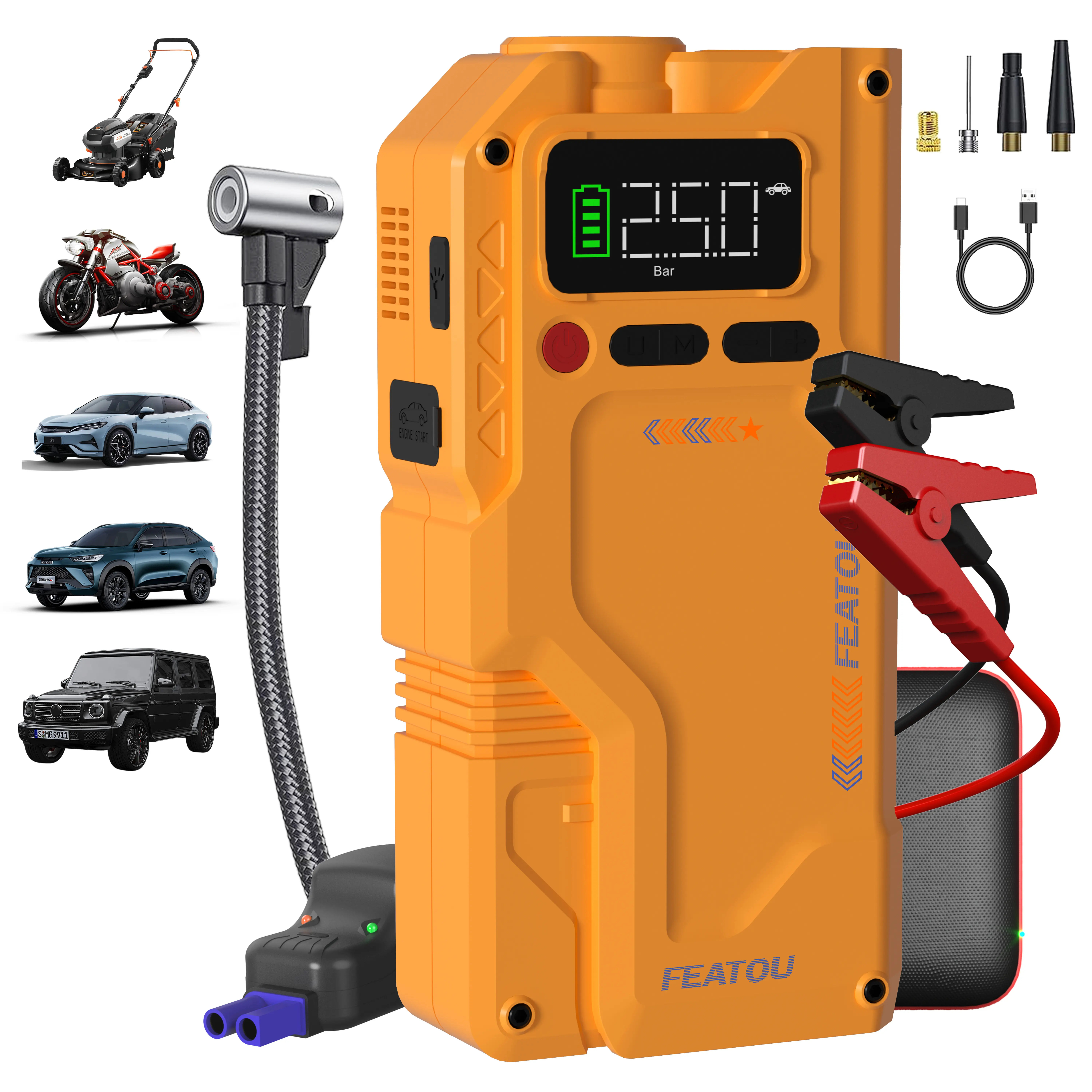 【 5 in 1 】5000A Featou Car Battery Jump Starter with Air Compressor12V 150PSlPortable Jumpstart Box for Up to 10.0L Gas 9.0LDiesel Engine, Multifunctional, Rugged