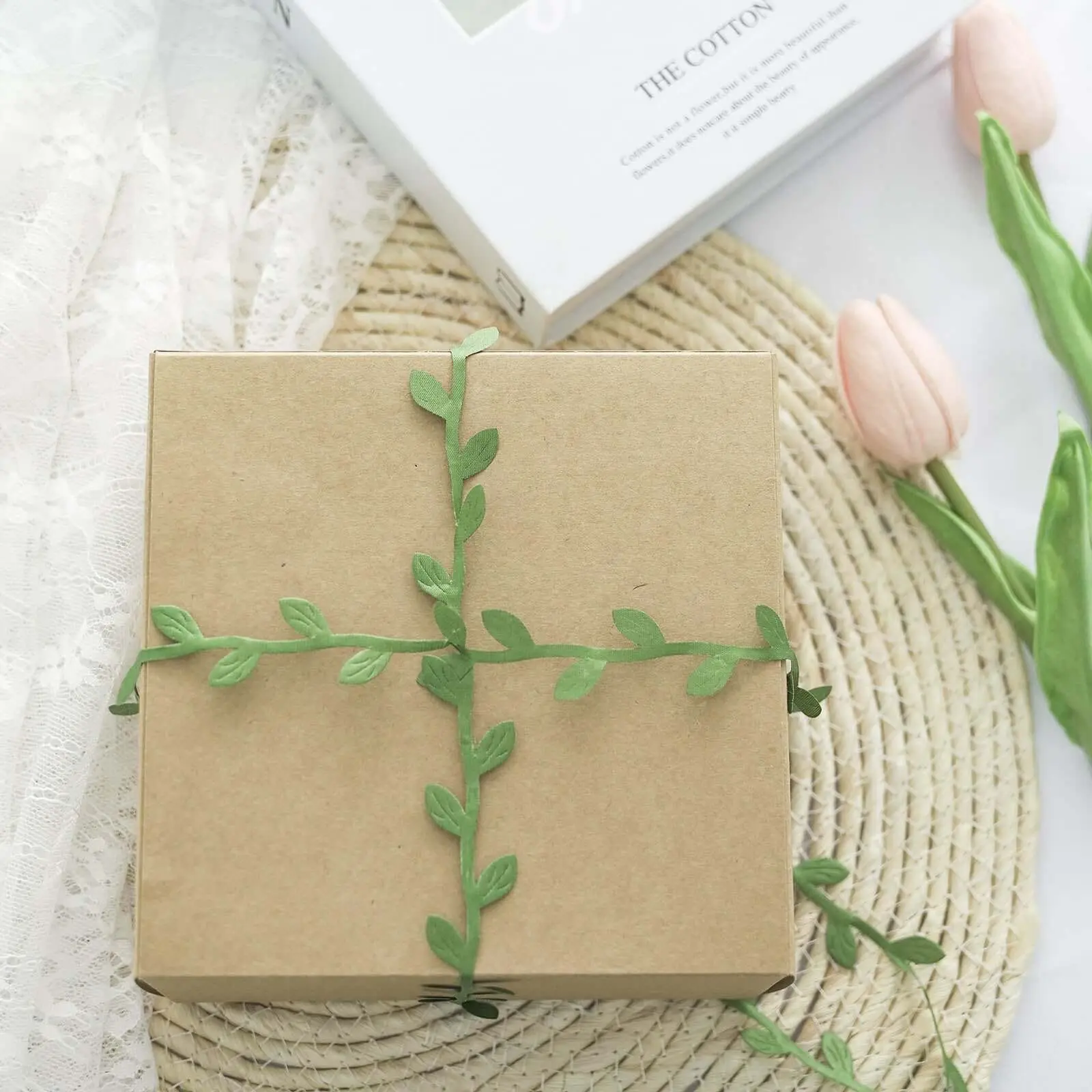 Olive Green Leaf Ribbon Trim & 67FT Faux Greenery Artificial Vines Leaf Garland - Botanical Home Decor Ornaments, Party Atmosphere Props, Bows for Craft Projects, DIY Card Paper Crafts