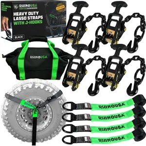 Rhino USA Car Tie Down Straps for Trailers with J Hooks (4-Pack) 10,000lb Break Strength Heavy Duty T-Handle Car Hauler Tire Straps for Trailer & UTV