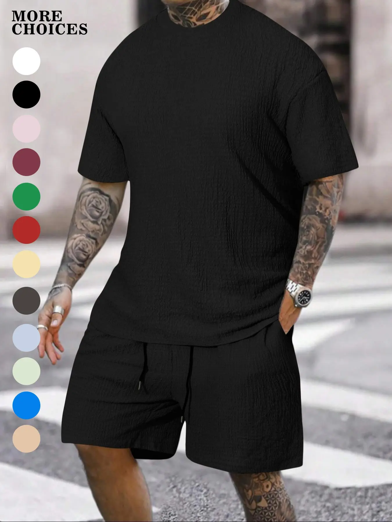 Men's Textured Round Neck Home Sleepwear Set, Perfect for Gym and Outdoor Activities, Fashionable Sportswear, Modern Men's Casual Comfortable Clothing, Pajamas, Loungewear, Soft Lounge Sets, Nightwear Set