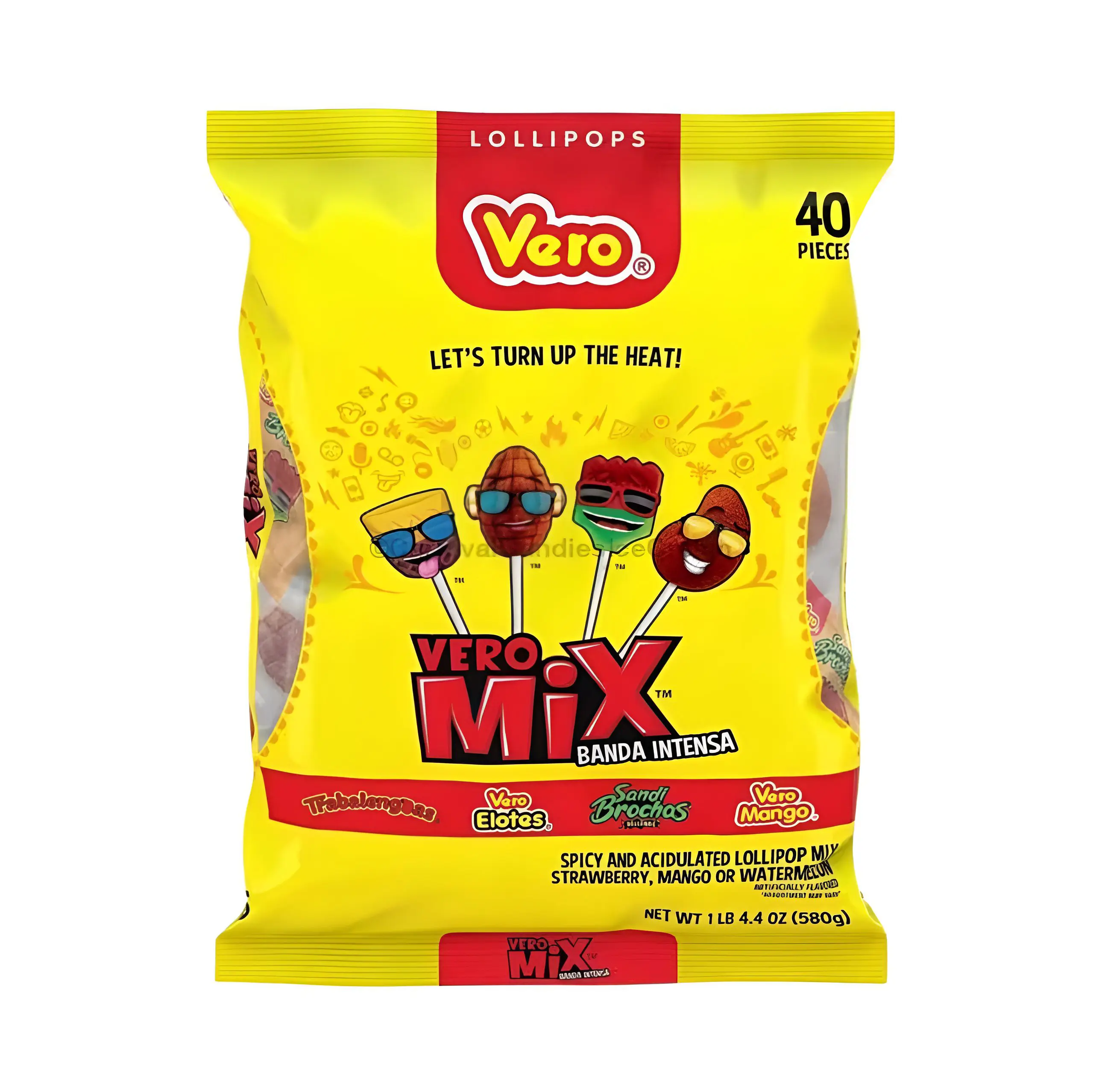 Vero Banda Fuego Lollipop Mix (40 Count) Mexican Candy, Assorted Chili Lollipops, Mix Flavors of Strawberry, Mango, and Watermelon, Dulces Mexicanos