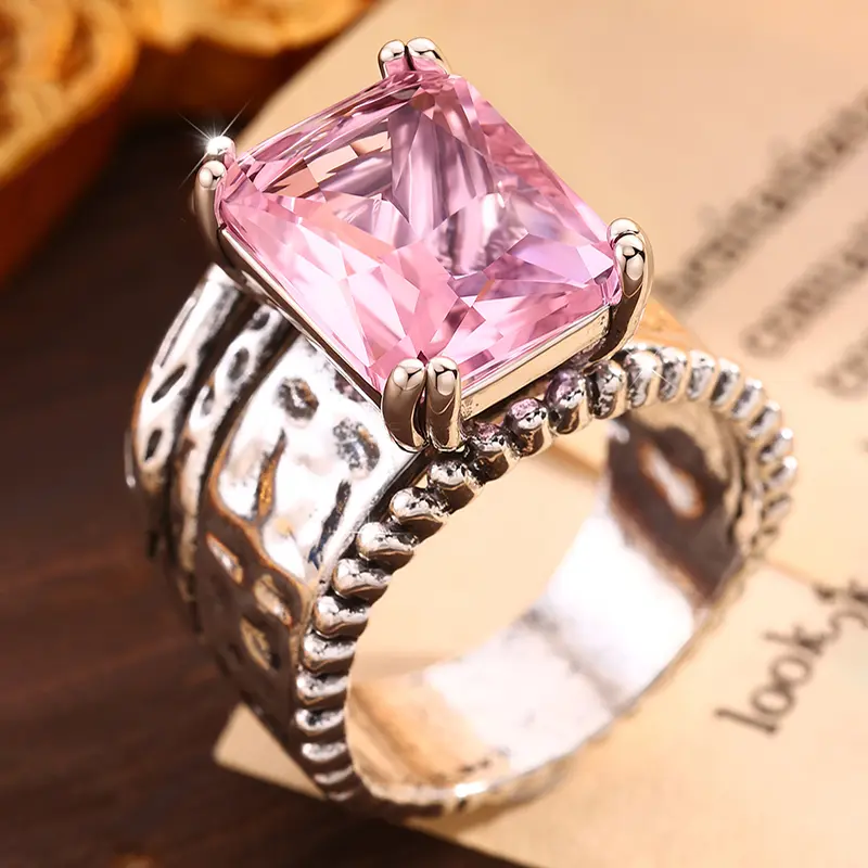 Vintage Statement Ring for Women, Glamorous Copper Jewelry with a Geometric Pink Emerald Cut Stone for Everyday & Party Wear, Antique Inspired, Elegant, Female, Statement Piece, Bold Stone