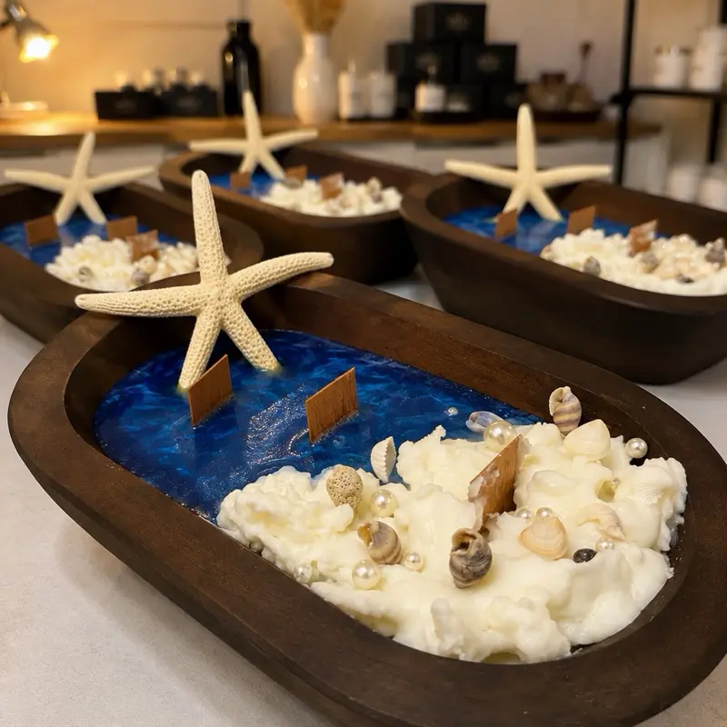 AMÉLY Ocean-Inspired Decorative Candle – Handmade Wooden Bowl with Seashells | MAR Collection