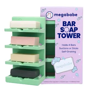 Megababe Bar Soap Tower | Self-Draining 4-Slot Stand | Suction & Adhesive Mount | 4.75″ x 8.6″ x 3.1″