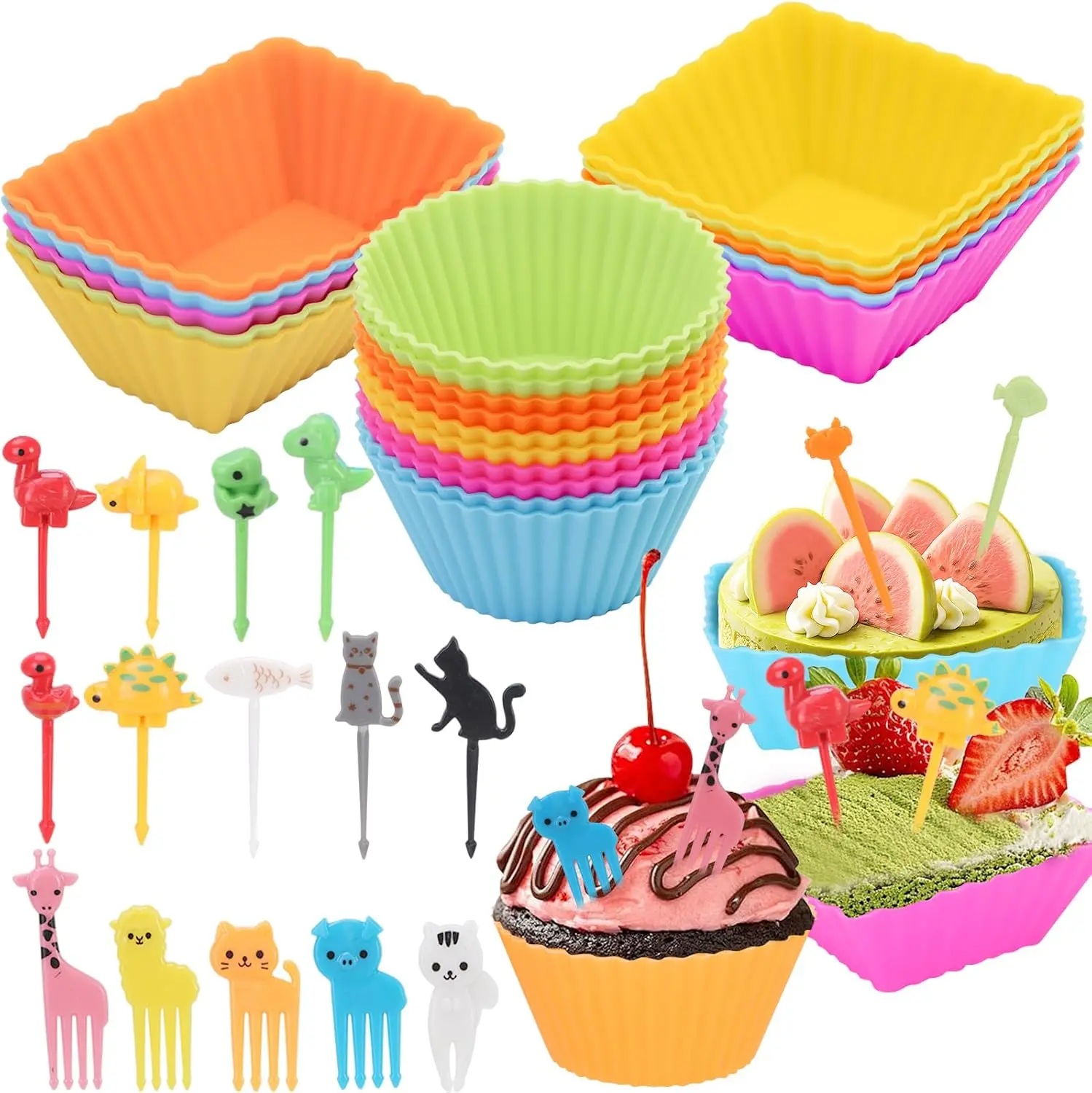 70Pc Silicone Lunch Box Dividers Set With 20 Cupcake Liners & 50 Animal Picks Reusable Bento Accessories For Kids Baking Party Fruit Birthday